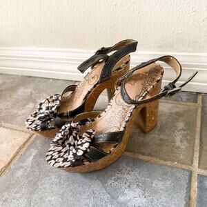 Jellypop Calla Cork Heel Sandals Bow Black Floral Size 7M